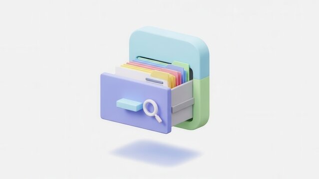 Organized digital data cabinet with colorful folders and a magnifying glass icon