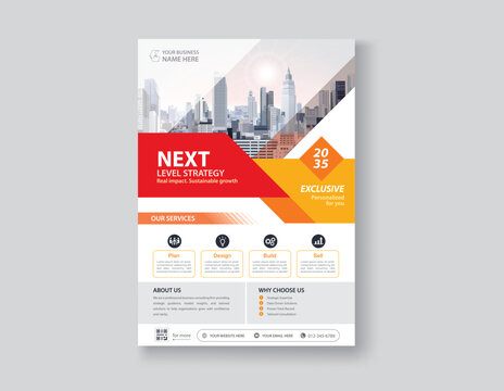 Red and orange corporate flyer and brochure template, modern vector layout for business and advertising, layout in A4 size