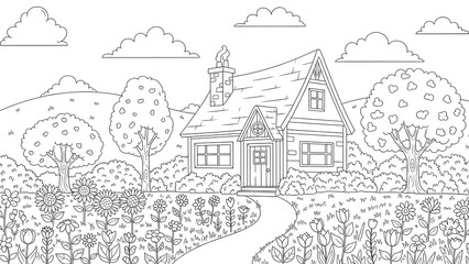 Obraz premium Home Garden Coloring Page Featuring House and Landscape Sketch, Outline Drawing for Book, Depicting Outdoor Scene, Yard, Plants, and Decorative Garden Elements