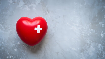 Red heart with bandage and cross symbol on textured gray background