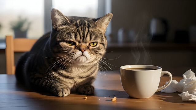 Grumpy Cat Sitting on Kitchen Table Next to Coffee Mug, Morning Scene Showing Displeased, Unhappy Feline Expression, and Humorous Pet Lifestyle Concept
