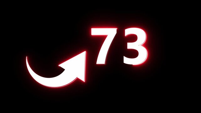 Neon count number 73 animation. Counting neon number with arrow icon animation. 