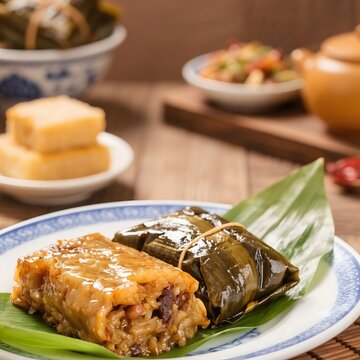4k high quality Ai generative HD photo realistic menu selling restaurant eat dish street traditional food chinese steamed rice bakcang bacang zongzi bamboo wrap pork meat beef sausage fillings savory