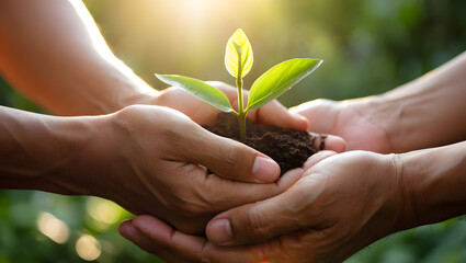 Hands holding a young plant seedling in soil with sunlight