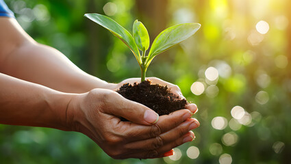 Hands holding a small green seedling with soil and sunlight