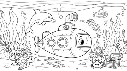 Fototapeta premium Submarine Coloring Page for Kids Featuring Ocean-Themed Underwater Scene Illustration with Nautical Elements, Sea Life, and Fun Educational Design