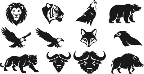 Fototapeta premium Collection of wild animal silhouettes lion tiger wolf bear and more