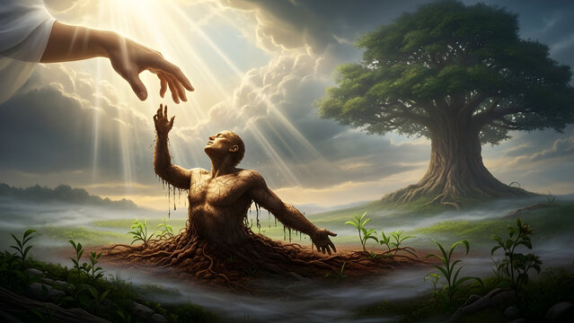 Sacred Mythological Scene of Humanity&rsquo;s Birth Featuring Adam Emerging from Earth Symbolizing Divine Creation, Religious Narrative, and Origin of Life