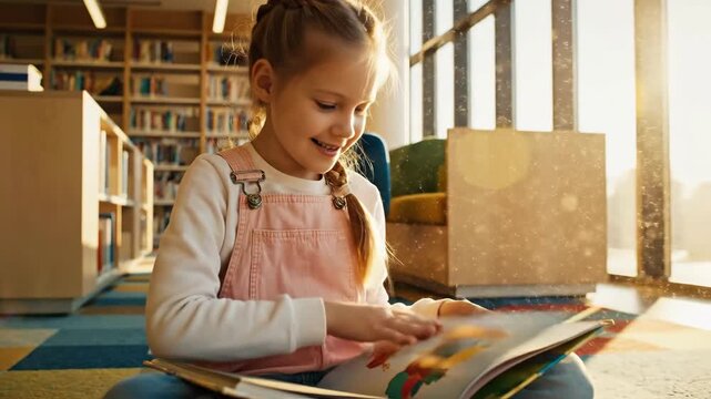 Young child happily reading book in sunlit library with bookshelves and colorful floor