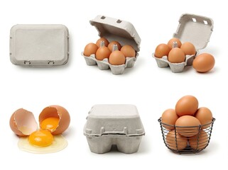 Assortment of fresh brown eggs and cartons on white background