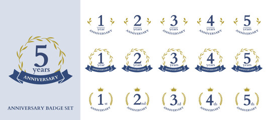 Fototapeta premium Minimal Anniversary Logo Set with Gold Laurel Wreaths, Botanical Elements, and Blue Ribbons – Simple Cute Editable Emblem Designs for Celebrations and Milestone Events