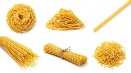 Assortment of uncooked pasta and spaghetti on a white background