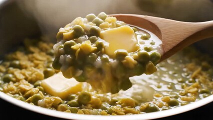 Closeup of a wooden spoon stirring a vibrant mixture of green peas and yellow lentils in a steaming pot highlighting the cooking process of a healthy and delicious meal.