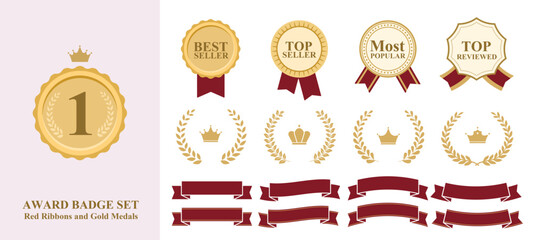 Red Ribbon Award and Ranking Badge Set with Laurel Wreaths, Gold Medals, and Text Options: Best Seller, Top Seller, Most Popular, Top Review, 4 Variations Each