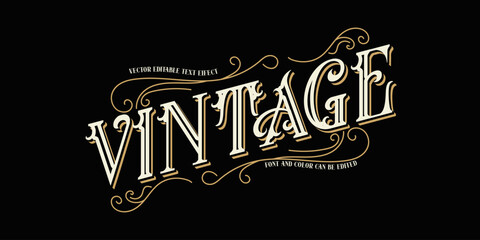 Vintage Editable Text Effect Vector with Ornamental Retro Typography and Swirls on Black Background