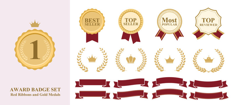Red Ribbon Award and Ranking Badge Set with Laurel Wreaths, Gold Medals, and Text Options: Best Seller, Top Seller, Most Popular, Top Review, 4 Variations Each