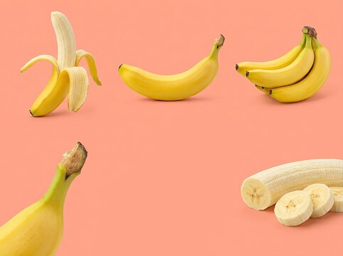 Various presentations of fresh yellow bananas on a vibrant peach background