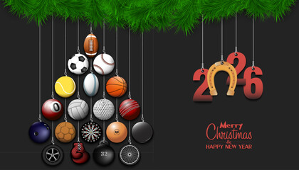 Naklejka premium Happy New Year 2026. Soccer, football, basketball, tennis, baseball, volleyball, golf, bowling, billiard, cricket, rugby balls hanging on a Christmas tree branch. Vector illustration