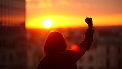 Silhouette of a person raising a fist against a vibrant sunset sky