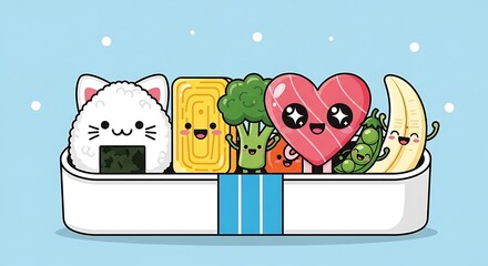 Kawaii Bento Box with Cute Food Characters Illustration.
