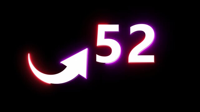 Neon count number 52 animation. Counting neon number with arrow icon animation. 