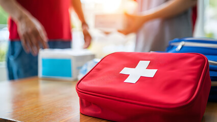 Red first aid kit with white cross symbol on a wooden table with people in background