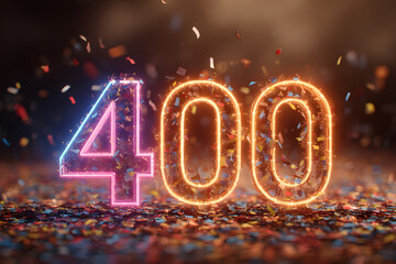 Neon glowing numbers with confetti on dark background, new year celebration, futuristic style joy happiness, party countdown design, celebration concept