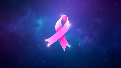 Glowing pink ribbon of hope against a cosmic starry background