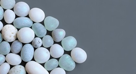 Abstract collection of smooth, pearlescent, and speckled eggs with varied textures on a plain background