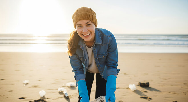 Smiling Woman Picking Up Trash on Sunny Beach Clean-Up
