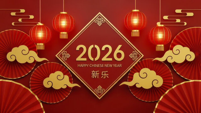 Festive 3d rendering of chinese new year 2026 celebration with traditional red lanterns, gold clouds, and decorative paper fans against a deep red background - Powered by Adobe