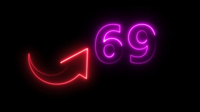 Neon count number 69 animation. Counting neon number with arrow icon animation. 