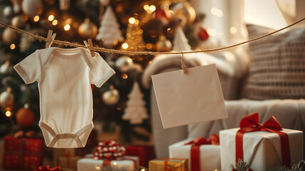 Christmas baby announcement setup with white onesie, gifts, and string on cozy holiday background