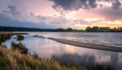 A scenic landscape featuring a river, grassy banks, trees, and a dramatic cloudy sky at sunset.