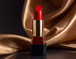 Red lipstick, gold container against golden silk. Focus on cosmetics, glamour and fashion