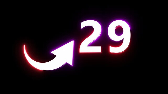 Neon count number 29 animation. Counting neon number with arrow icon animation. 