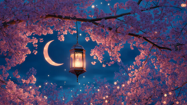 Lantern hanging near blossoms and mosque silhouette under crescent moon night, Mosque or Masjid background for Ramadan and Eid