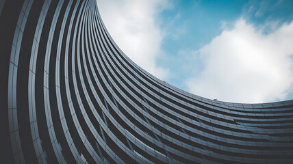 Abstract view of a curved building facade against a blue sky architecture