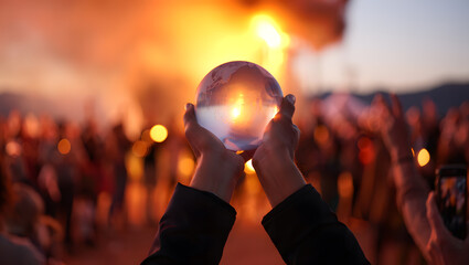 Person holding crystal ball reflecting a vibrant sunset over a crowd