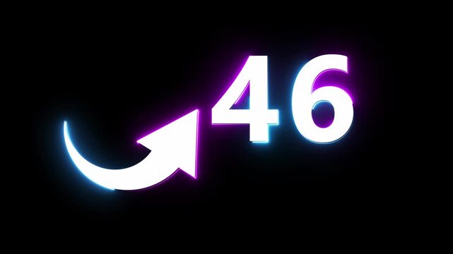 Neon count number 46 animation. Counting neon number with arrow icon animation. 