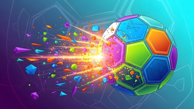 Dynamic Football Impact: An eye-catching illustration of a soccer ball bursts with vibrant colors and energetic light streaks.