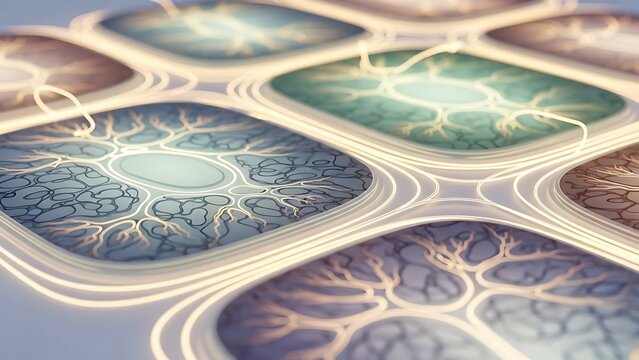 Intricate network patterns glowing softly, a mesmerizing background for cutting-edge technology or futuristic design, evoking feelings of connectivity and innovation with a touch of elegance