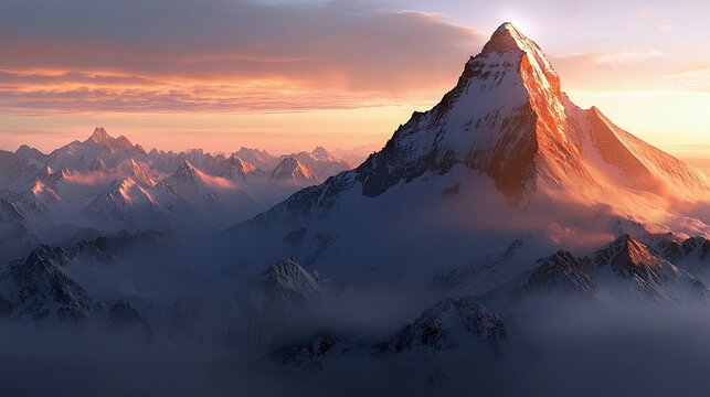 A majestic mountain range covered in snow, bathed in the warm light of a sunset, creating a dramatic landscape scene. - Powered by Adobe
