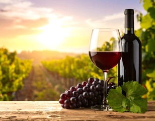 Red wine bottle, glass, and grapes on a wooden table against a vineyard background at sunset