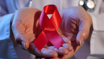 Hands holding a red ribbon symbolizing awareness and support for hiv aids