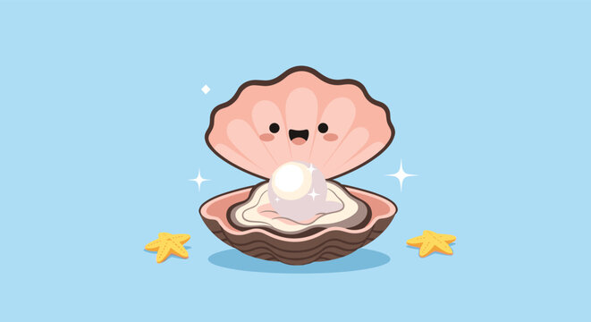 A cheerful cartoon oyster character with a radiant pearl smiles, accompanied by sparkling elements and two yellow starfish on a tranquil blue background.