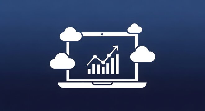 Laptop displaying a growing bar chart surrounded by cloud icons - Powered by Adobe