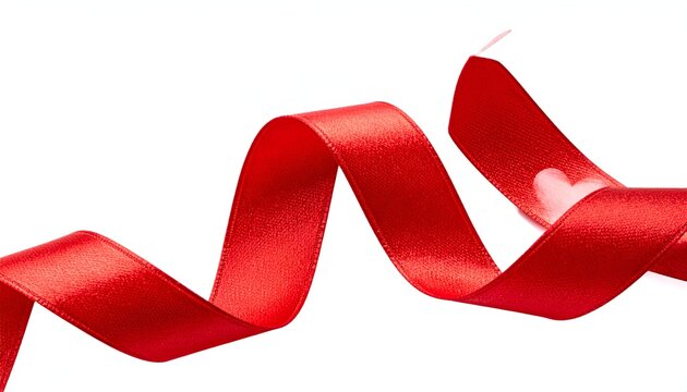 Close-up of a vibrant, glossy, red ribbon curling against a clean, white background