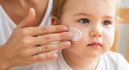 Caring mother applying cream to babys face for skincare routine.