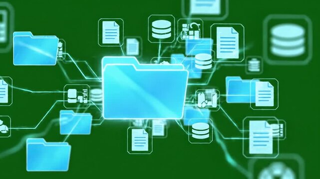 Azure File Sharing and Storage System with Blue Folders and Paper Documents Connected in a Network Structure Over a Green Background